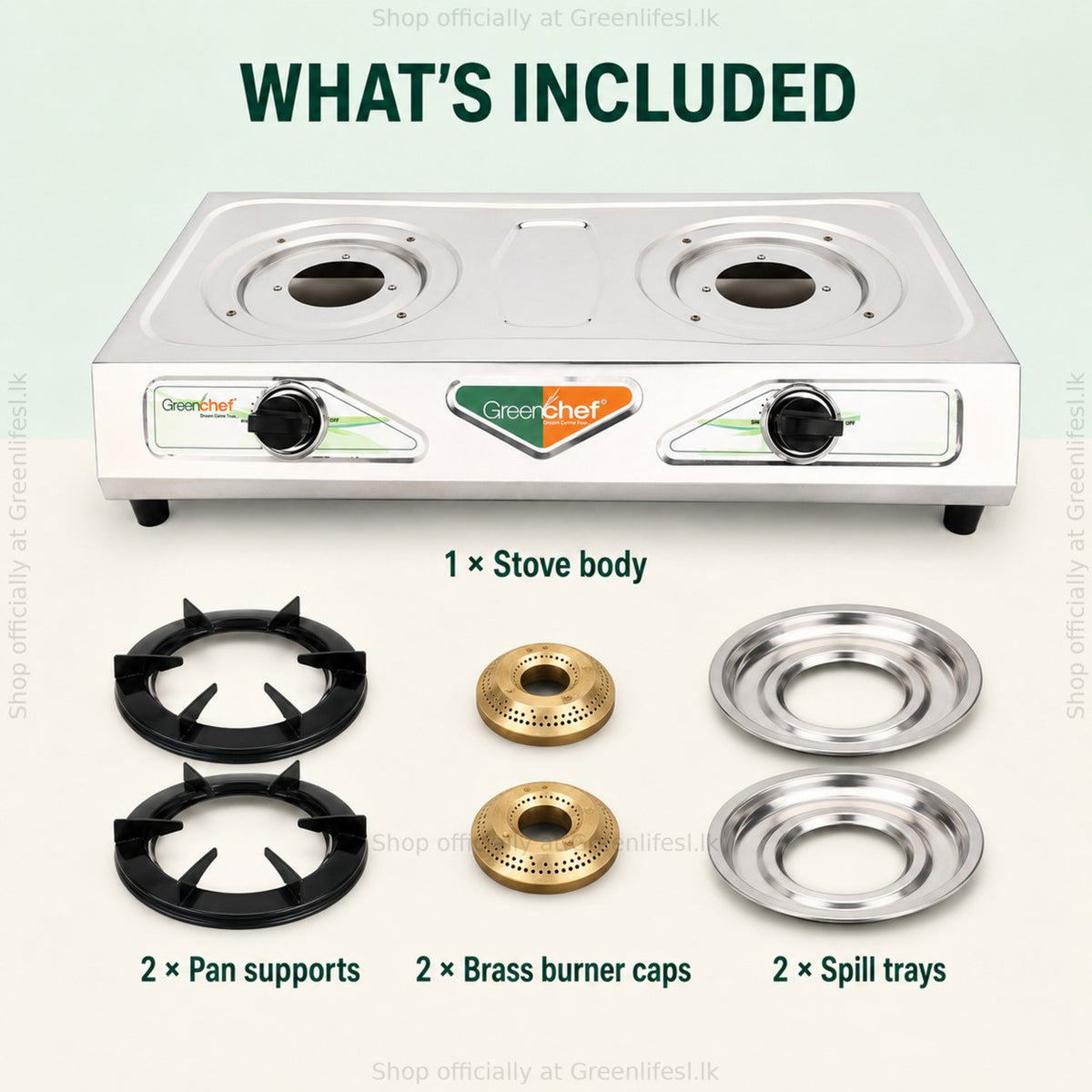 GreenChef Chandini 2-burner auto ignition gas stove, what's included: stove, 2 pan supports, 2 burner caps, 2 trays