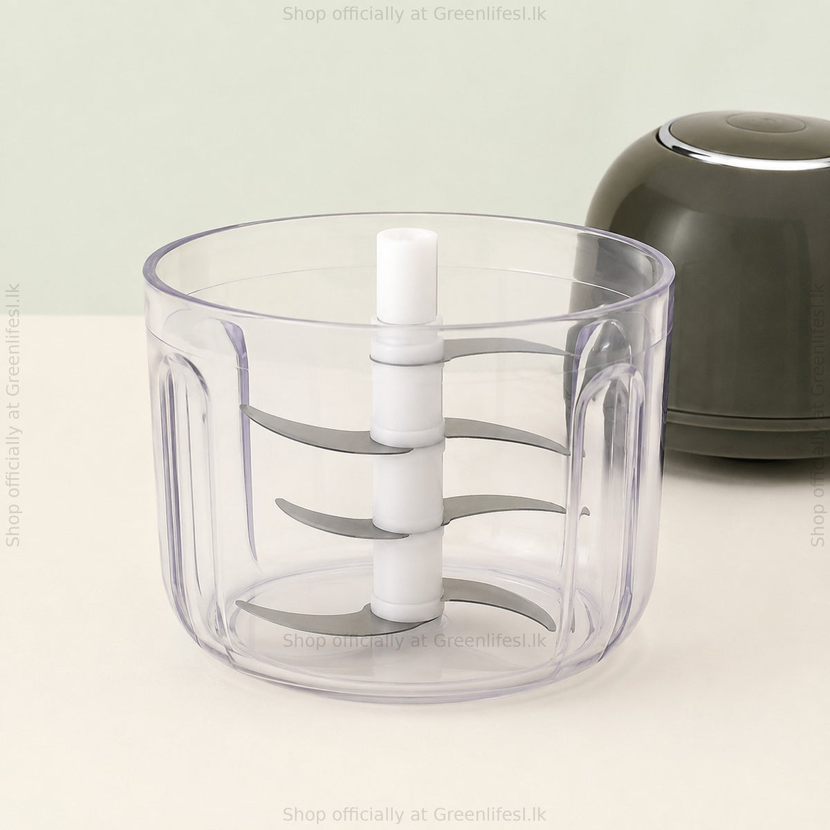 Close-up of the GreenChef Chopster wireless mini chopper 350ml bowl and tiered stainless blades