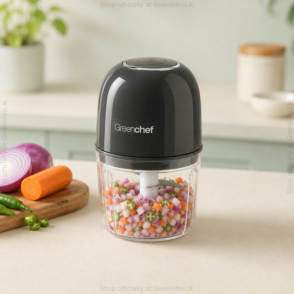 GreenChef Chopster wireless mini chopper 350ml filled with finely diced onion, carrot and chilli