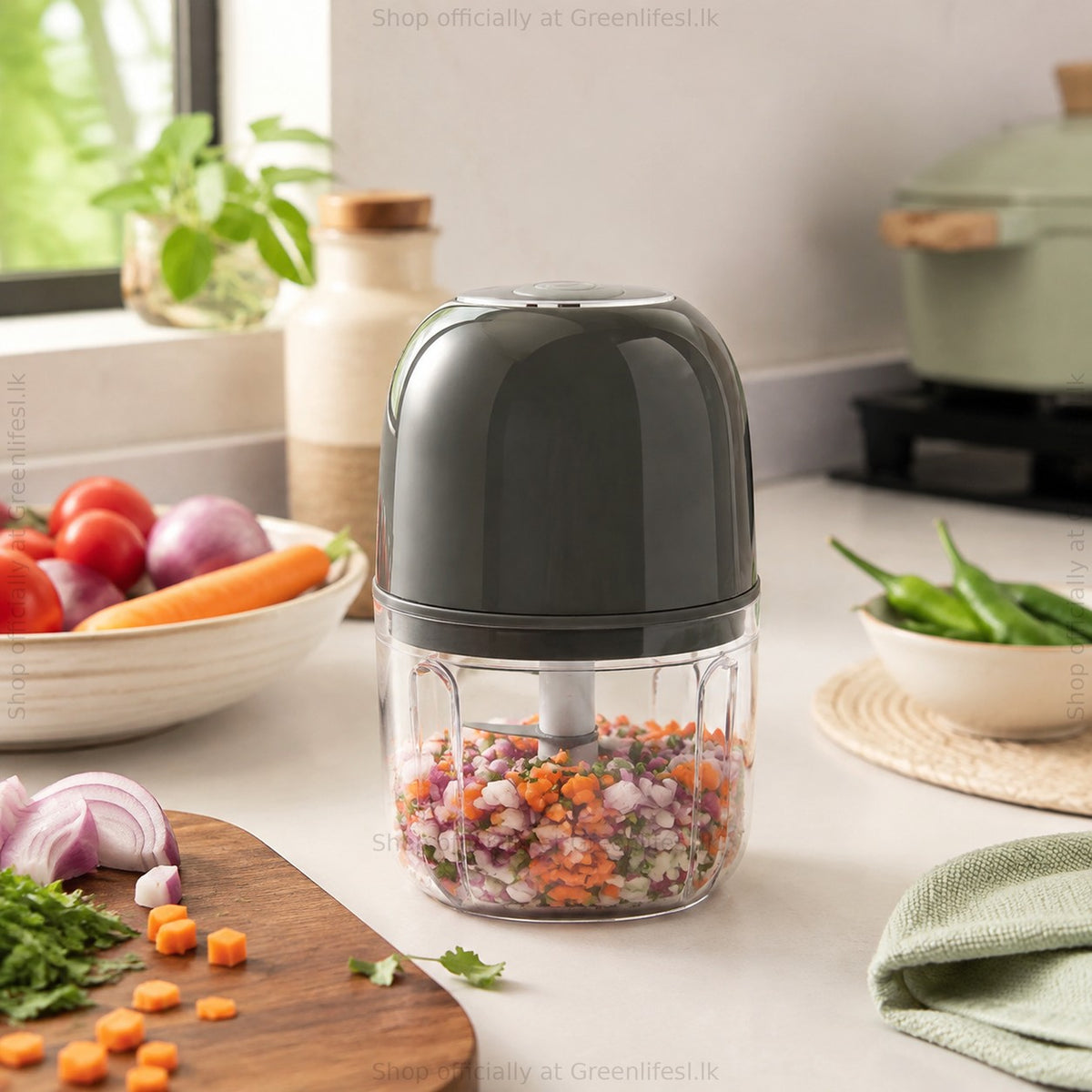 GreenChef Chopster wireless mini chopper 350ml with diced vegetables on a kitchen counter