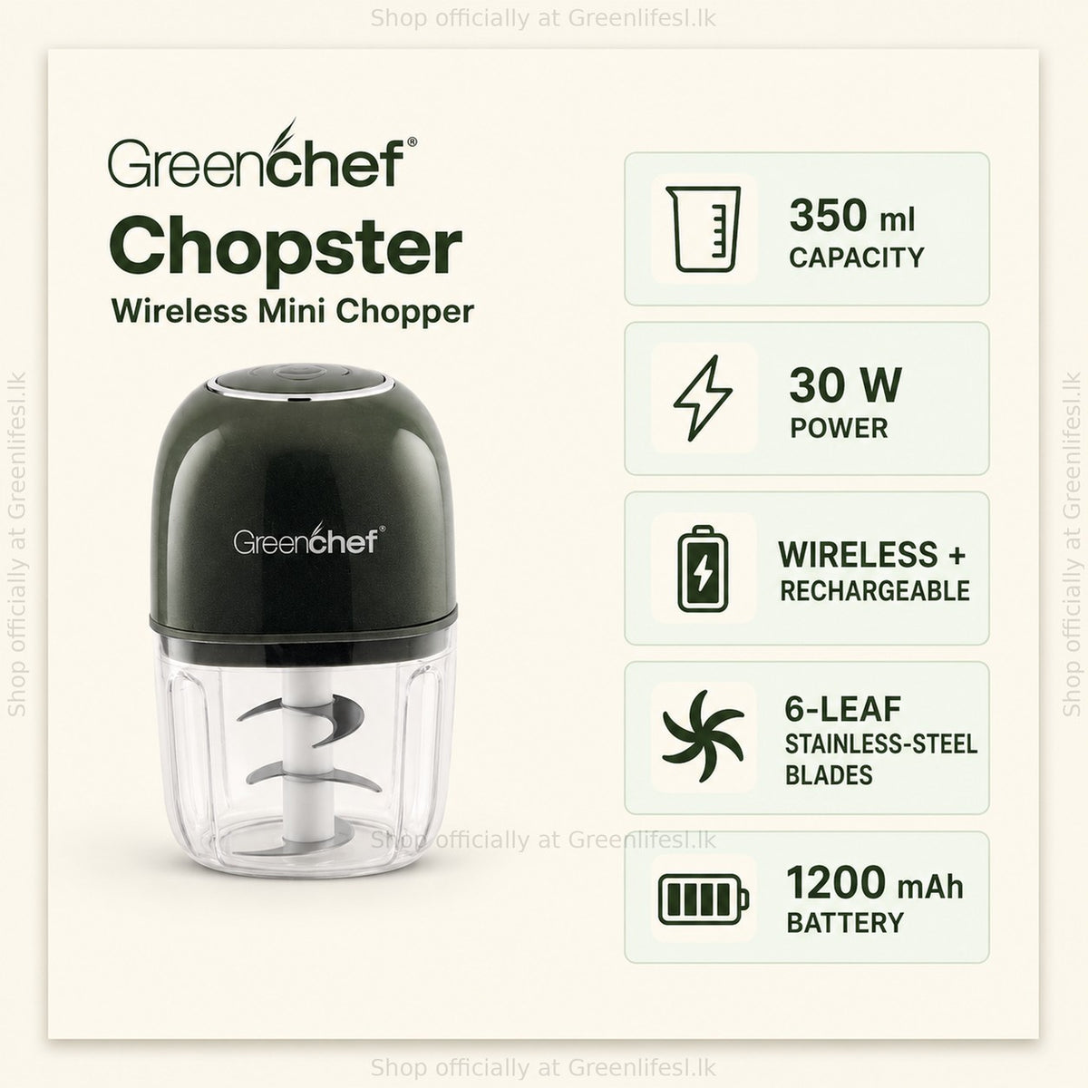 GreenChef Chopster wireless mini chopper 350ml: 30 W, rechargeable 1200 mAh battery, 6-leaf stainless blades