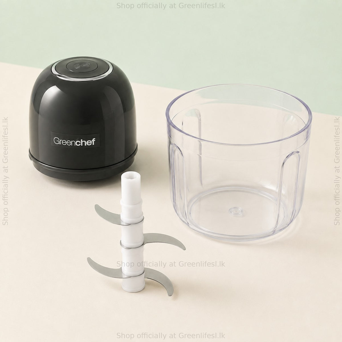 GreenChef Chopster wireless mini chopper 350ml parts: motor top, blade assembly and clear bowl
