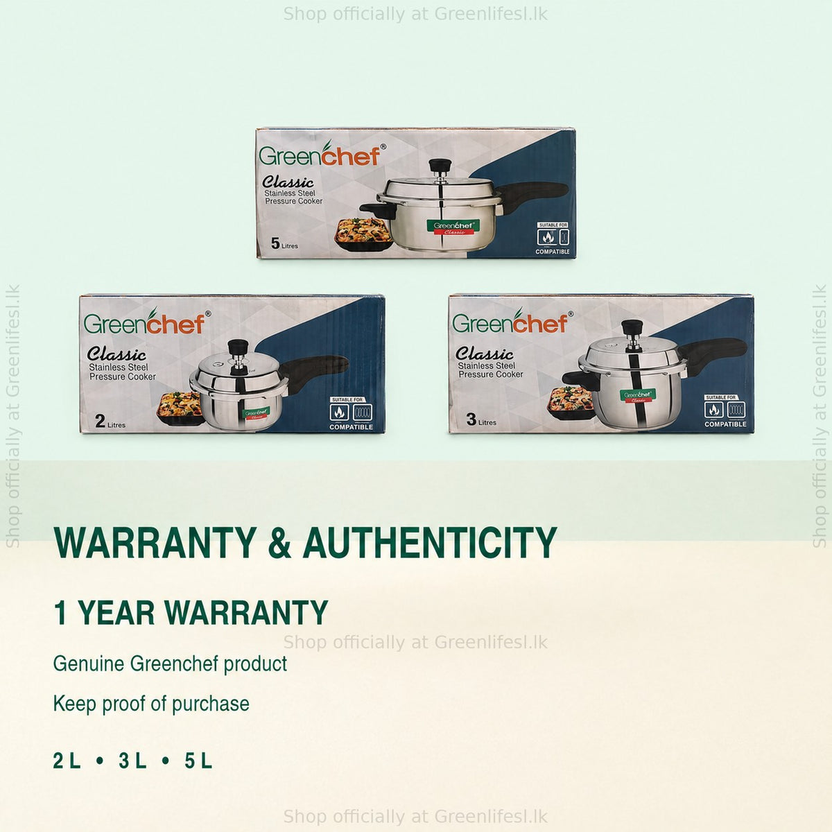 GreenChef Classic stainless steel pressure cooker retail boxes with 1 year warranty, genuine GreenChef product