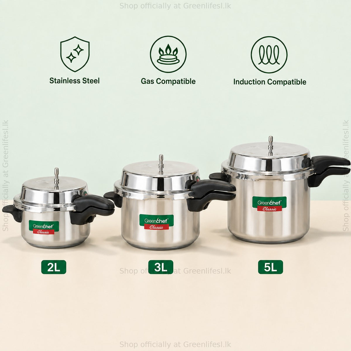 GreenChef Classic stainless steel pressure cooker in 2L, 3L and 5L, gas and induction compatible
