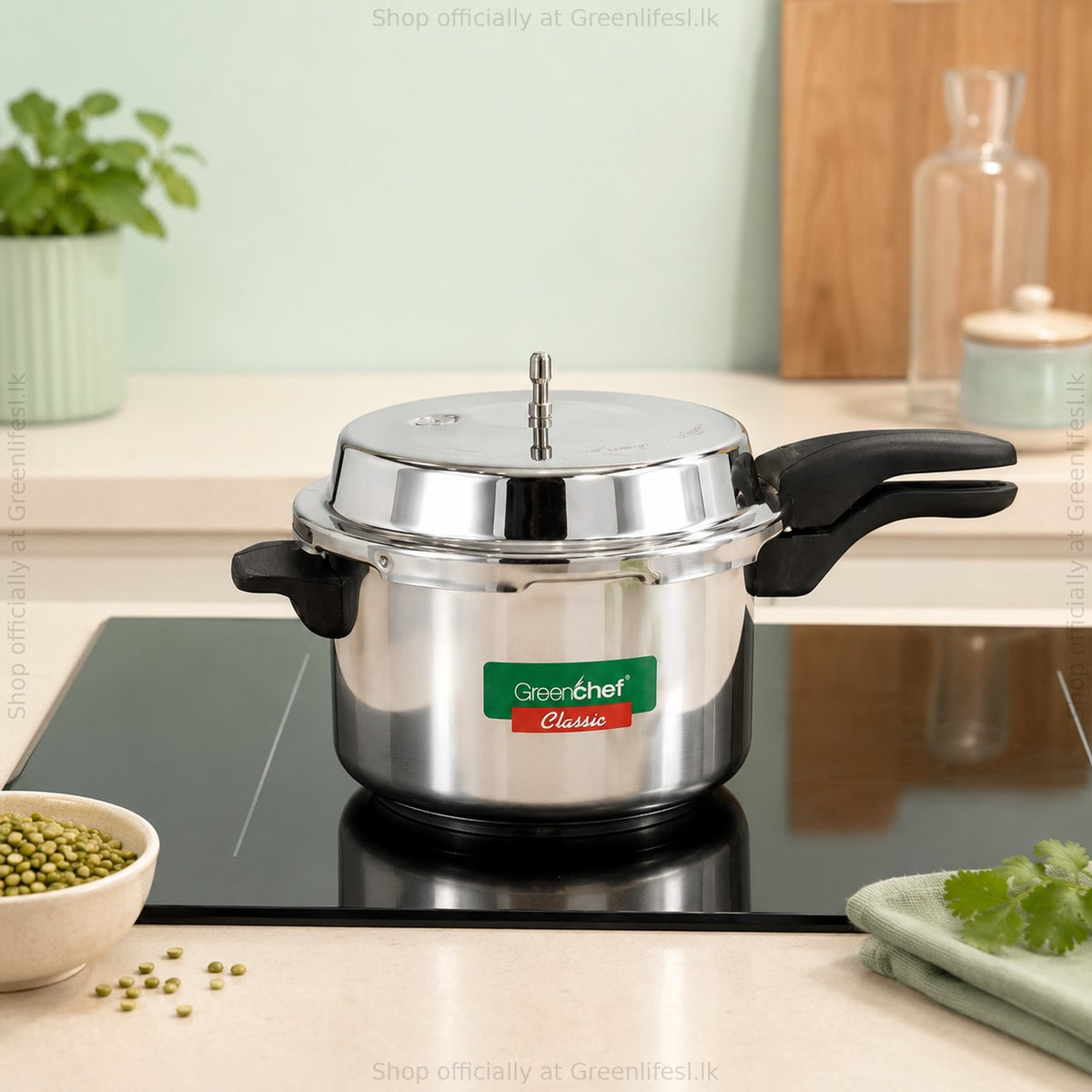 GreenChef Classic stainless steel pressure cooker on an induction hob in a home kitchen