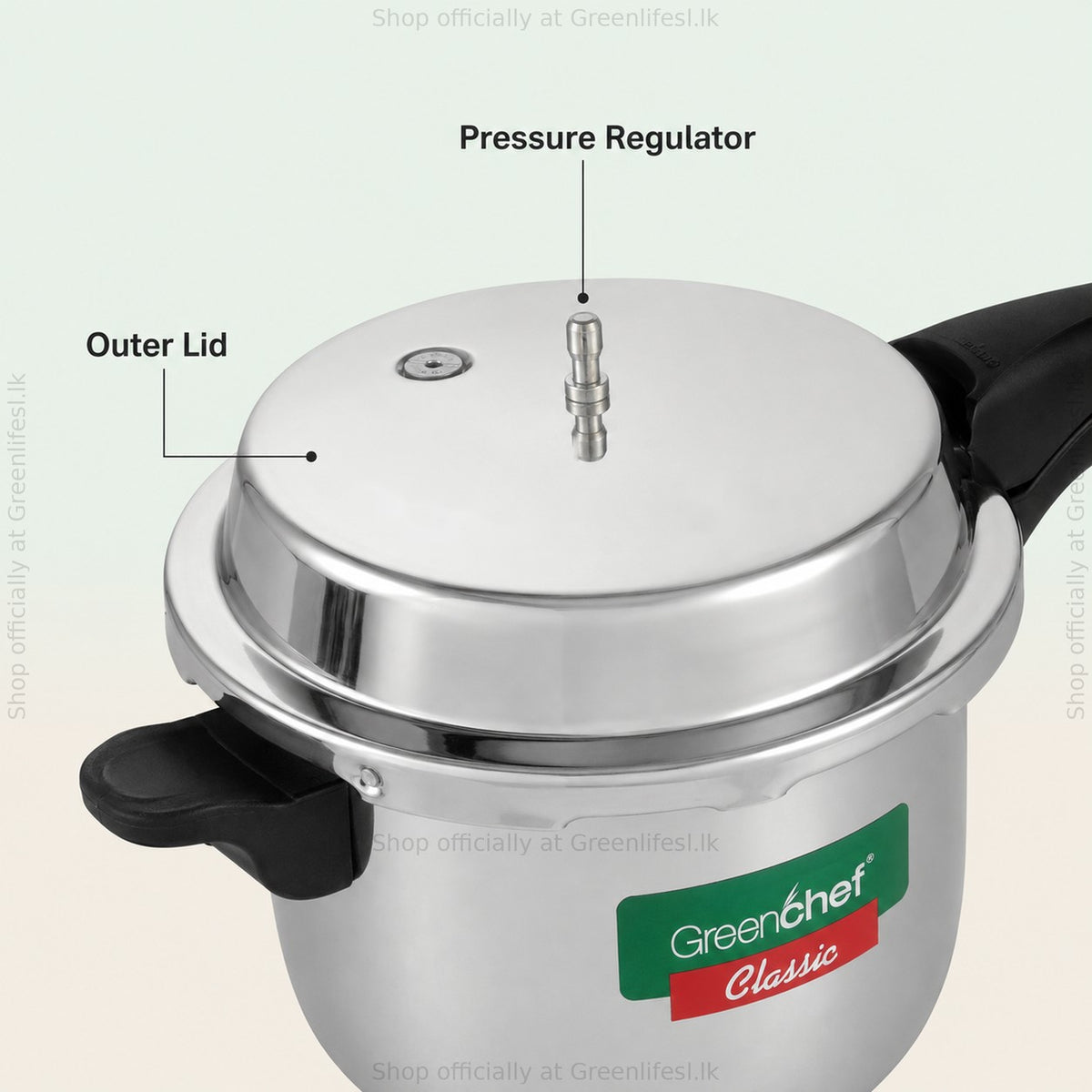Close-up of the GreenChef Classic stainless steel pressure cooker outer lid and pressure regulator