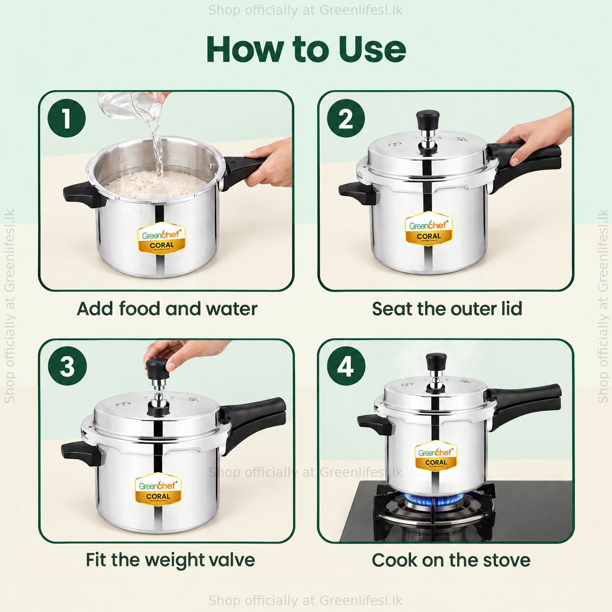 GreenChef Coral pressure cooker combo 5L, 3L and 2L: add food and water, seat the lid, fit the valve, cook