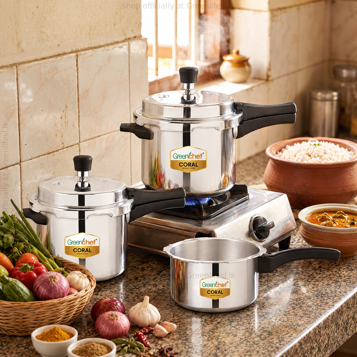GreenChef Coral pressure cooker combo 5L, 3L and 2L in a kitchen with rice, curry and vegetables