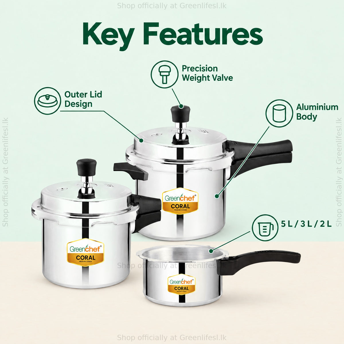 GreenChef Coral combo pressure cooker set features: precision weight valve, outer lid design, aluminium body