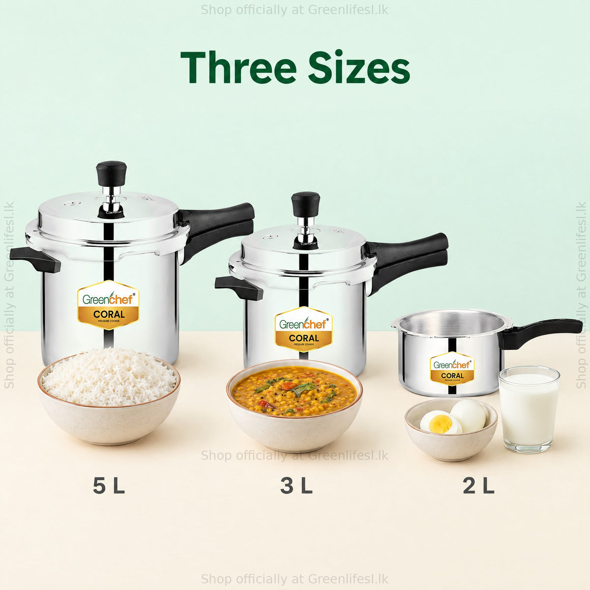 GreenChef Coral combo pressure cooker set in three sizes: 5 L, 3 L and 2 L