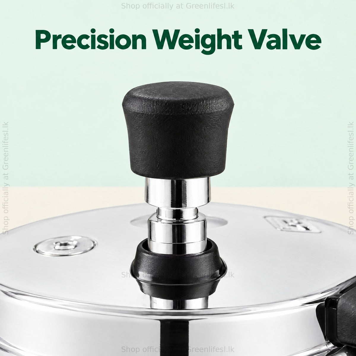 GreenChef Coral pressure cooker combo 5L, 3L and 2L, precision weight valve close-up