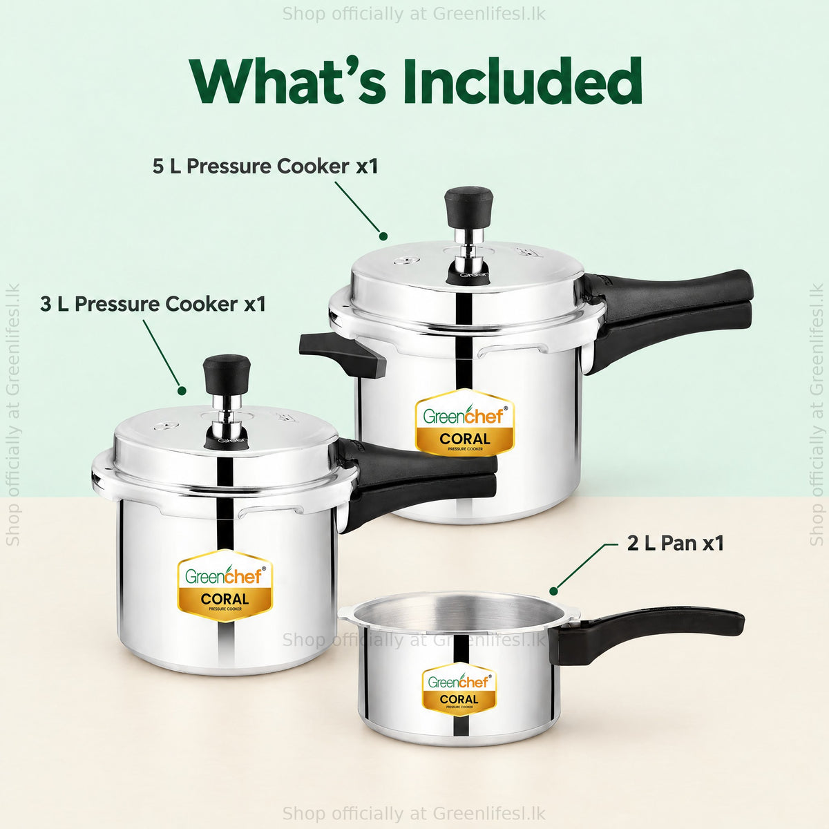 GreenChef Coral combo pressure cooker set, what's included: 5 L and 3 L pressure cookers and a 2 L pan