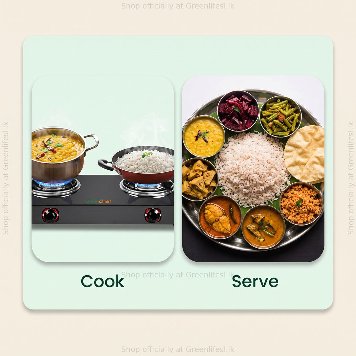 GreenChef Ebony 2-burner glass top gas stove: cook dal and rice, then serve a full rice and curry plate