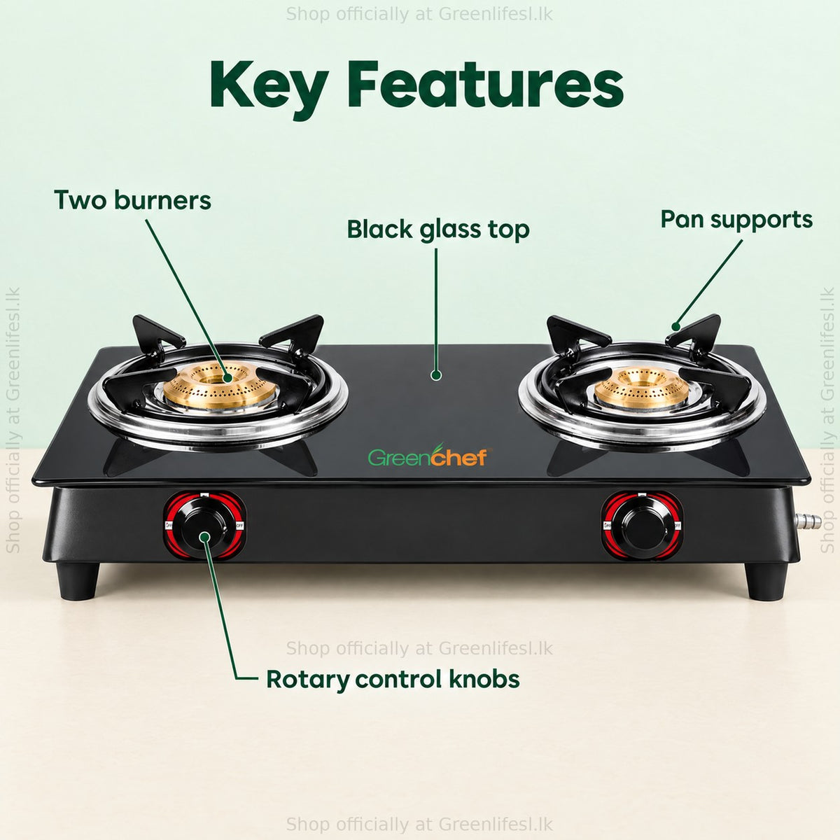 GreenChef Ebony 2-burner glass top gas stove features: two burners, black glass top, pan supports, rotary knobs