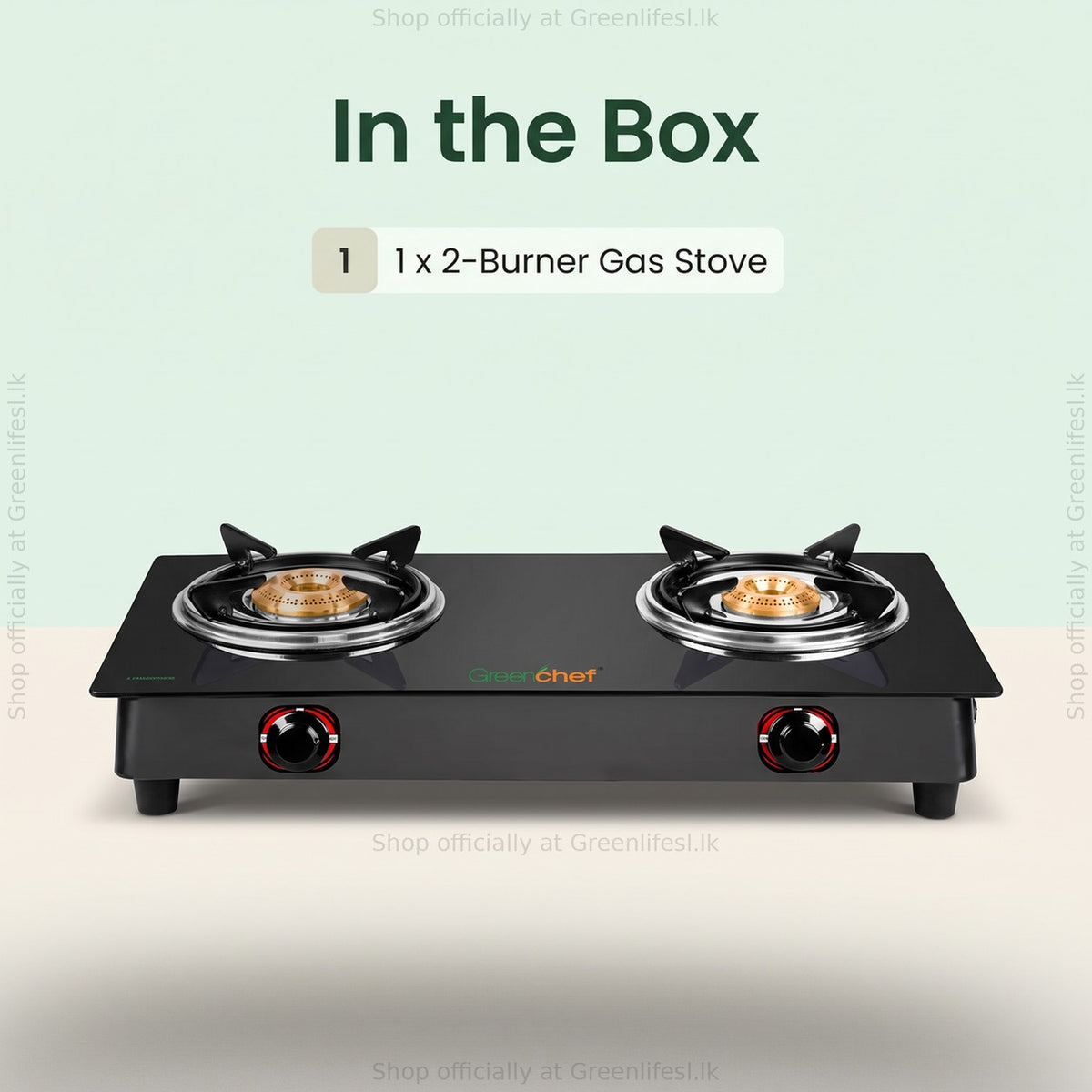 GreenChef Ebony 2-burner glass top gas stove, in the box: 1 x 2-burner gas stove