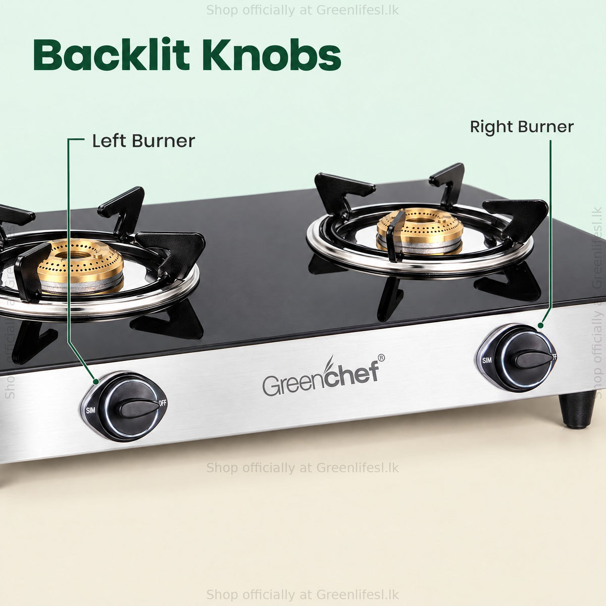 GreenChef Elite 2-burner glass top gas stove backlit knobs for the left and right burners