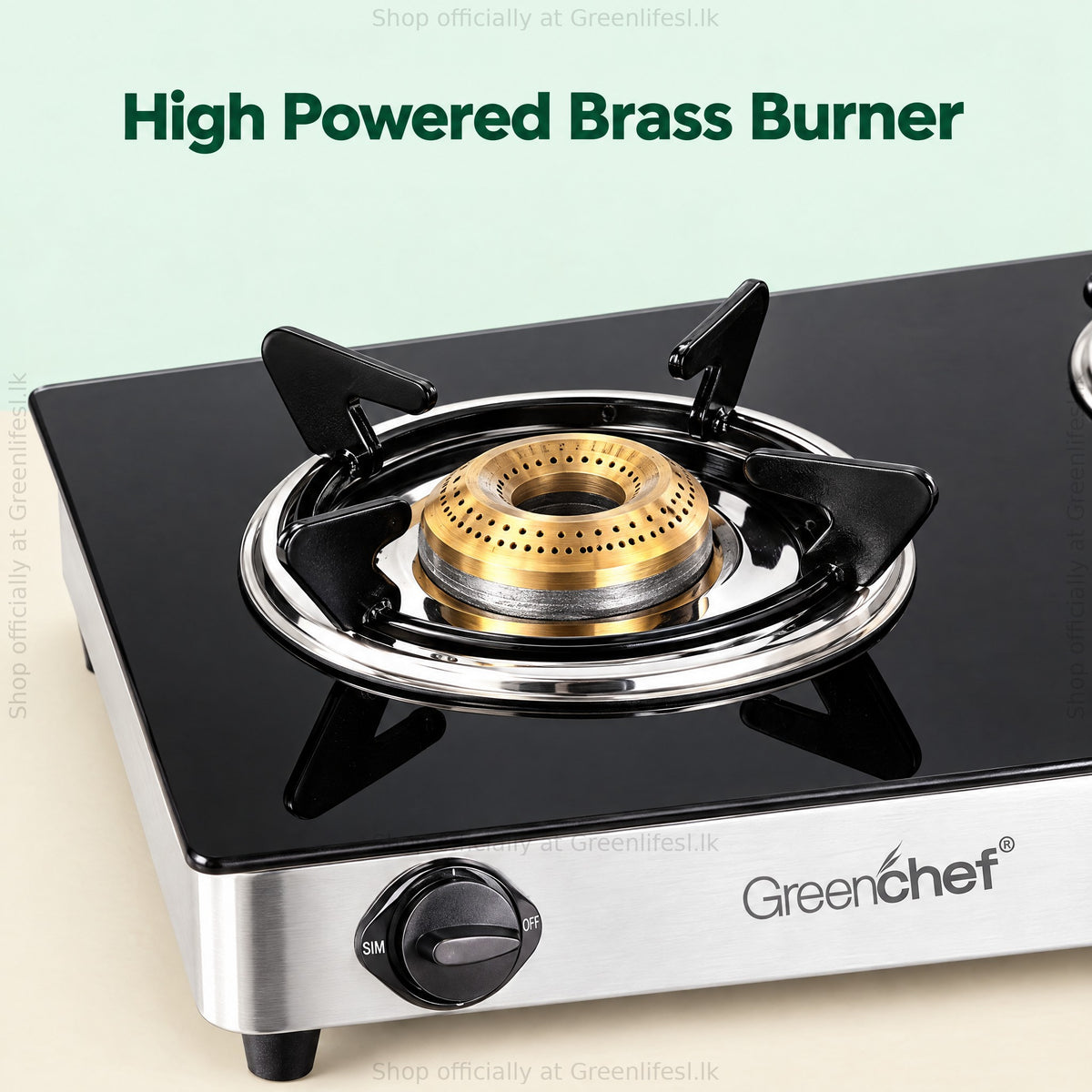 GreenChef Elite 2-burner glass top gas stove high powered brass burner close-up