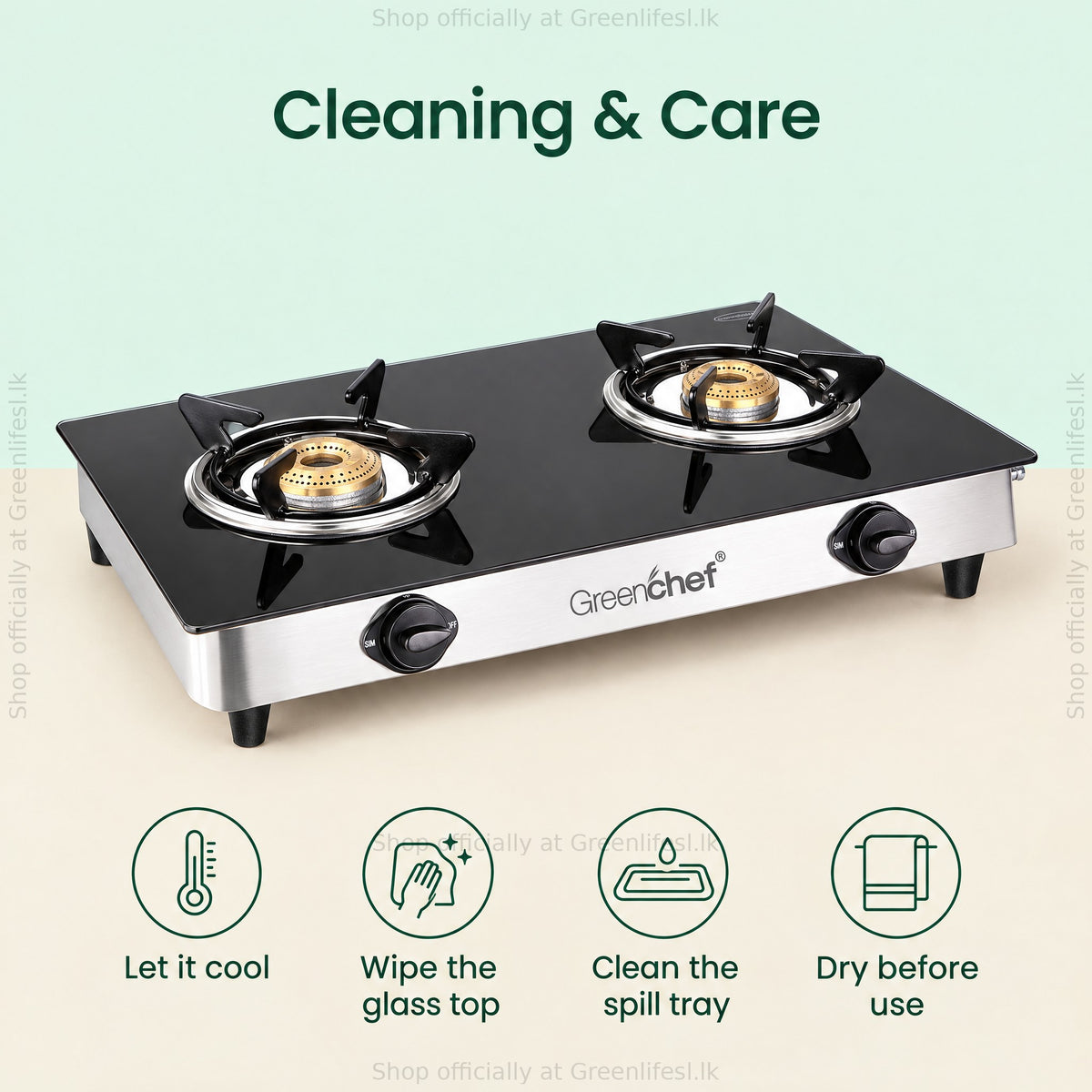 GreenChef Elite 2-burner glass top gas stove care: let it cool, wipe the glass, clean the spill tray, dry