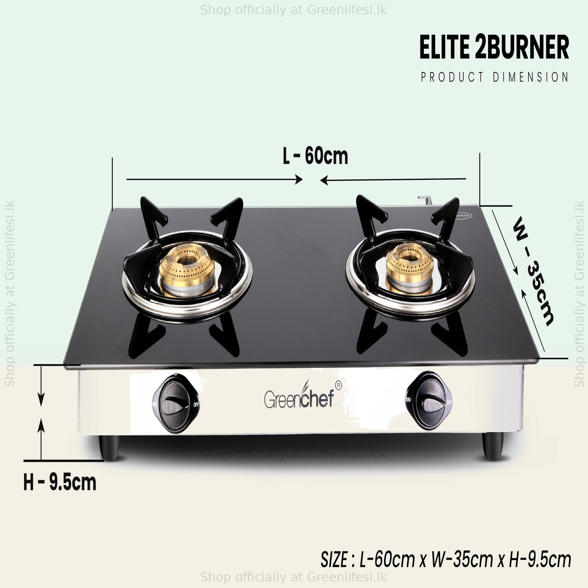 GreenChef Elite 2-burner glass top gas stove dimensions: 60 x 35 x 9.5 cm