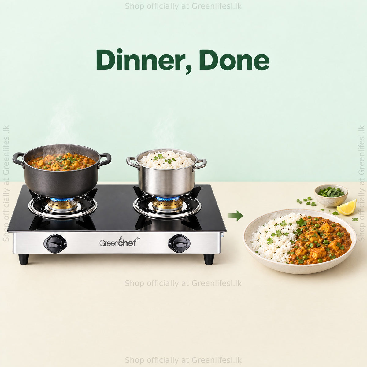 GreenChef Elite 2-burner glass top gas stove from pots on the flame to a plate of rice and curry