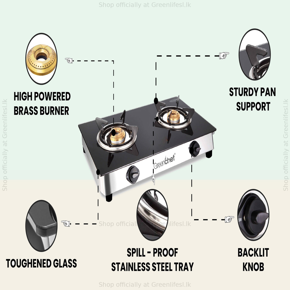 GreenChef Elite 2-burner glass top gas stove features: brass burners, toughened glass, spill-proof tray, backlit knobs