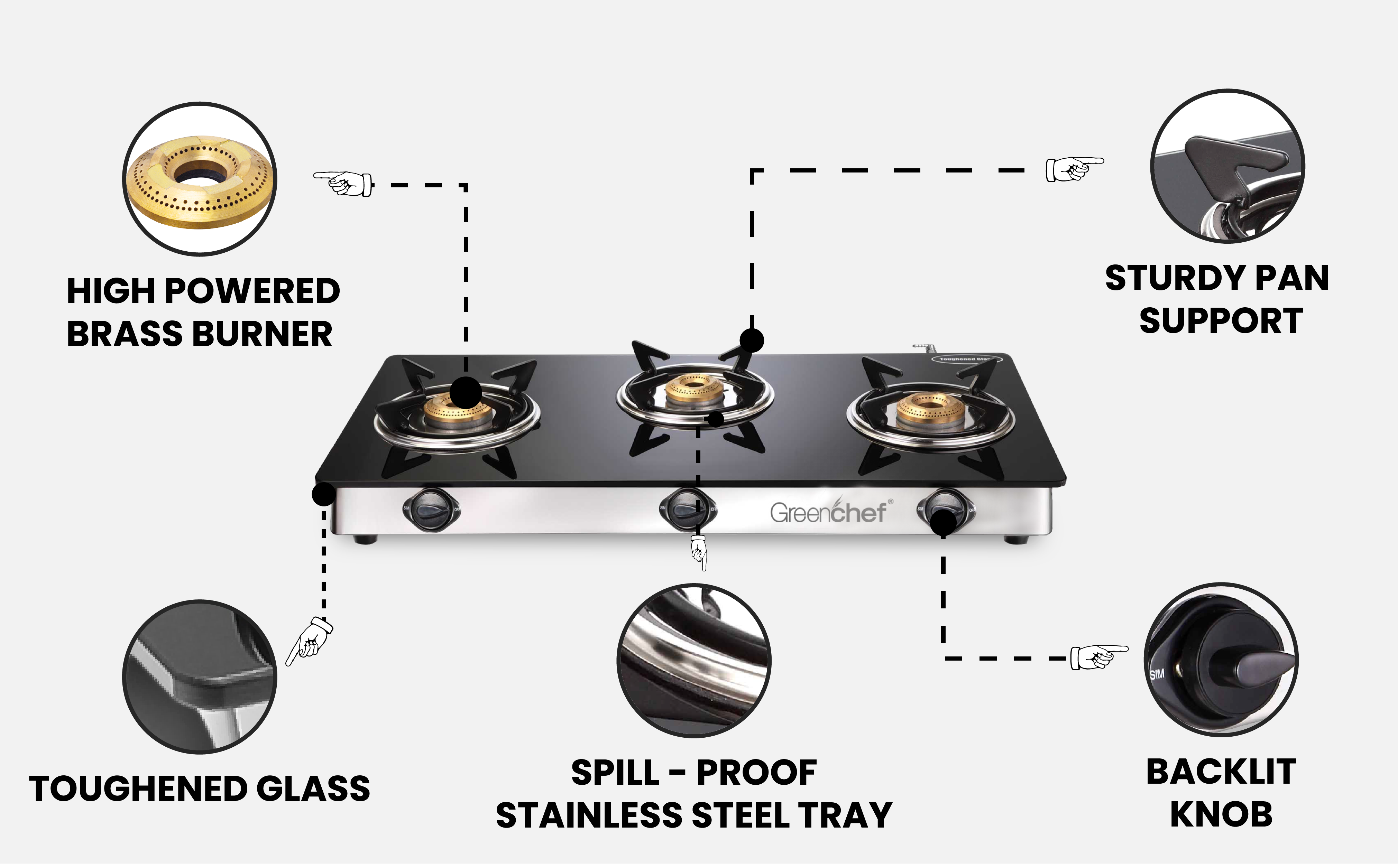 Stainless steel 3 burner gas cooker for family use - GreenChef Elite from authorized importer Sri Lanka