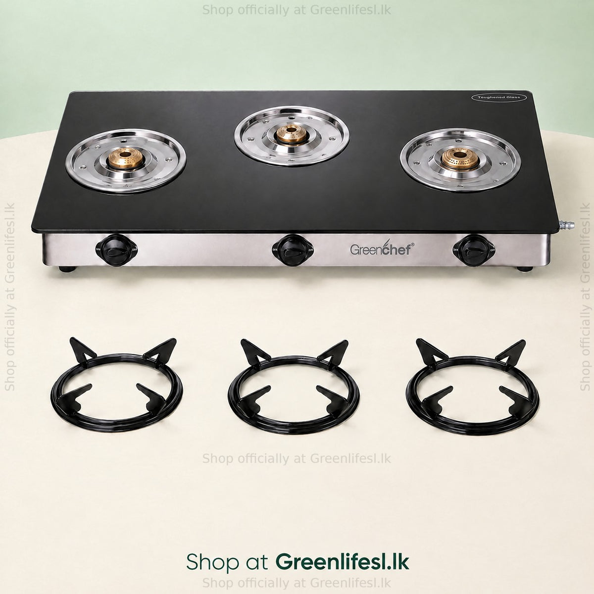 GreenChef Elite 3-burner glass top gas stove with its three pan supports laid out in front