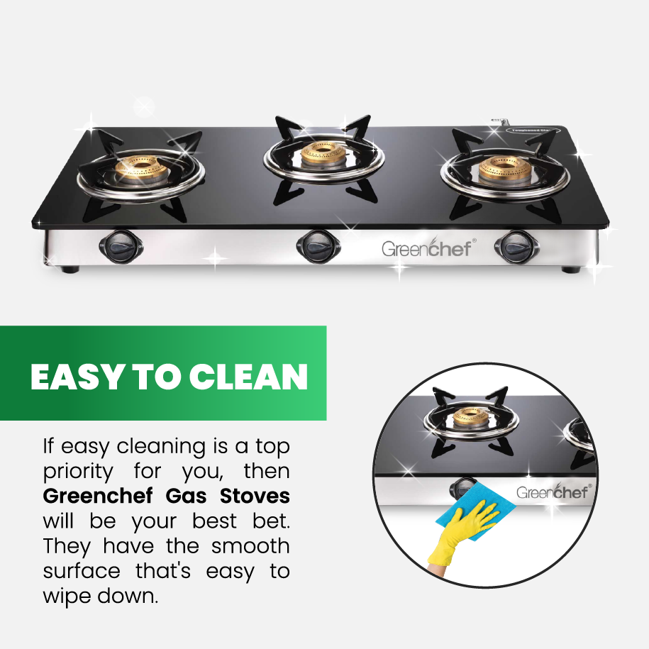 east to clean features  GreenChef Elite 3 burner gas cooker Sri Lanka with brass burners for reliable family cooking