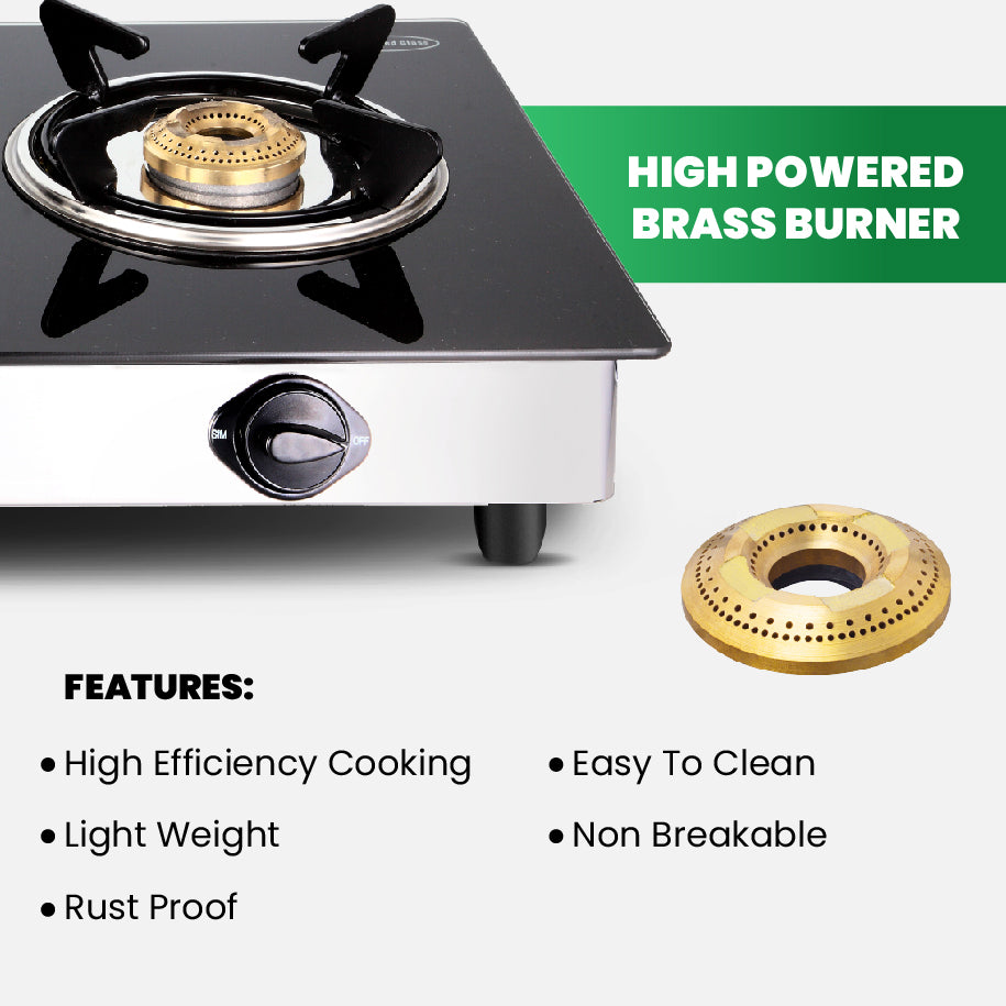 Close-up of efficient brass burners on GreenChef Elite 3 burner gas stove - reliable cooking in Sri Lanka