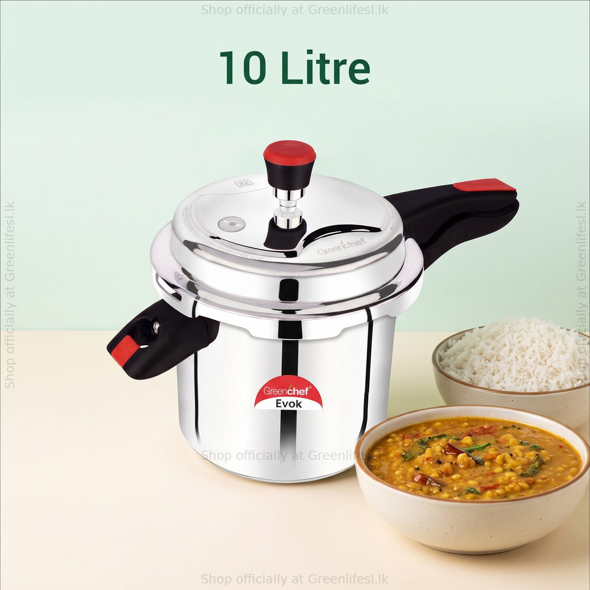 GreenChef Evok 10L aluminium pressure cooker, 10 litre capacity, beside rice and dal