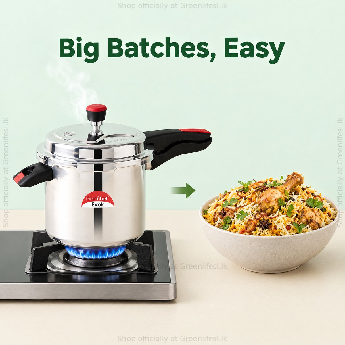 GreenChef Evok 10L aluminium pressure cooker cooking a big batch of chicken biryani
