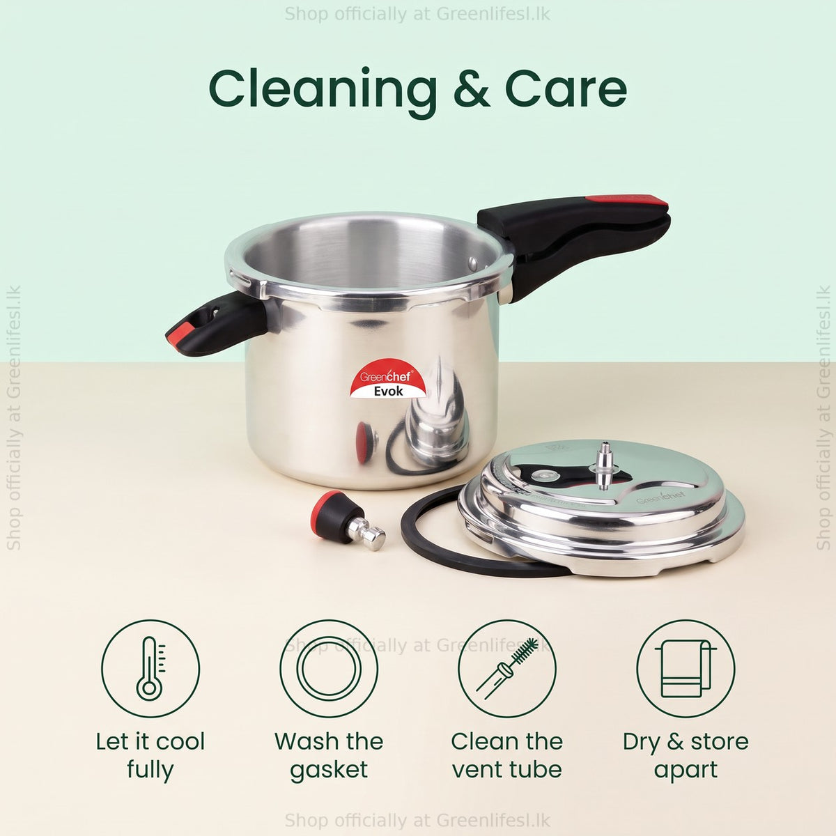 GreenChef Evok 10L aluminium pressure cooker care: cool fully, wash the gasket, clean the vent tube, store apart