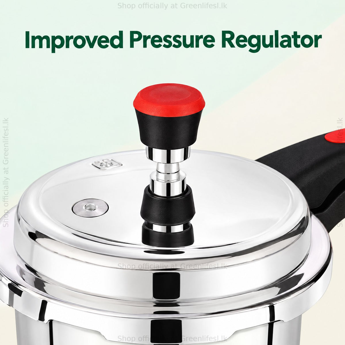 GreenChef Evok 10L aluminium pressure cooker, improved pressure regulator close-up