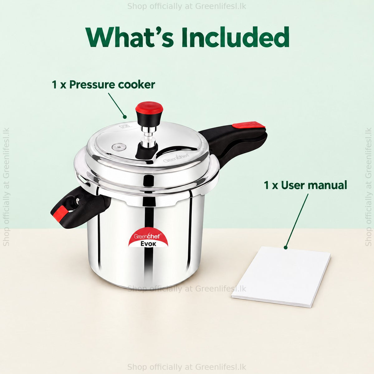 GreenChef Evok 10L aluminium pressure cooker, what's included: pressure cooker and user manual