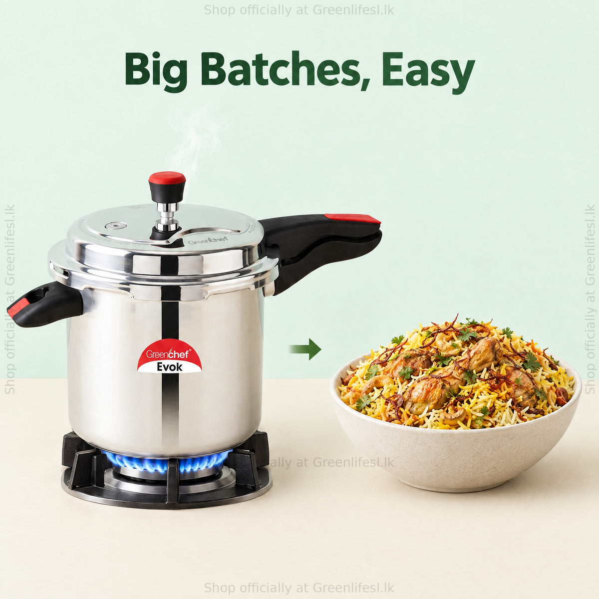 GreenChef Evok 12L commercial pressure cooker cooking a big batch of biryani