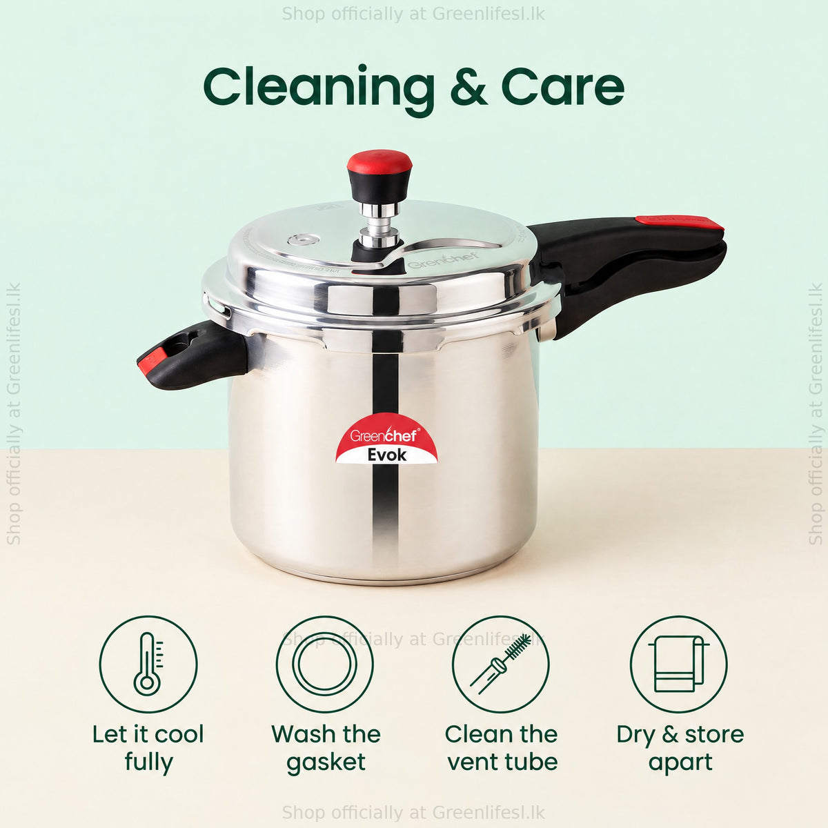 GreenChef Evok 12L commercial pressure cooker care: cool fully, wash the gasket, clean the vent tube, store apart