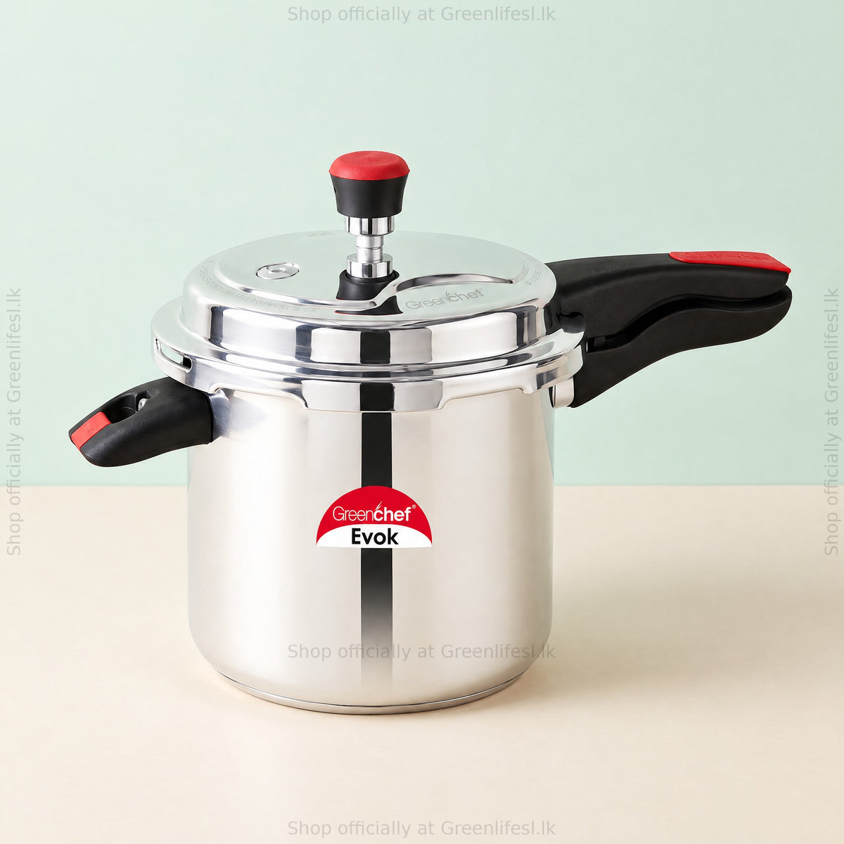 GreenChef Evok 12L commercial pressure cooker with red-topped regulator and black and red handles