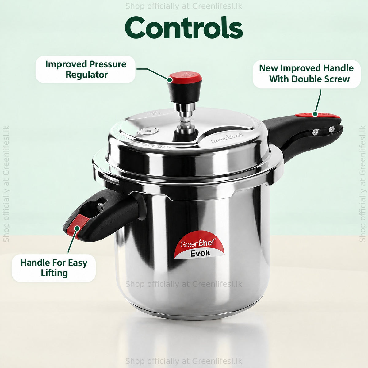 GreenChef Evok 7.5L aluminium pressure cooker controls: pressure regulator, double-screw handle, lifting handle
