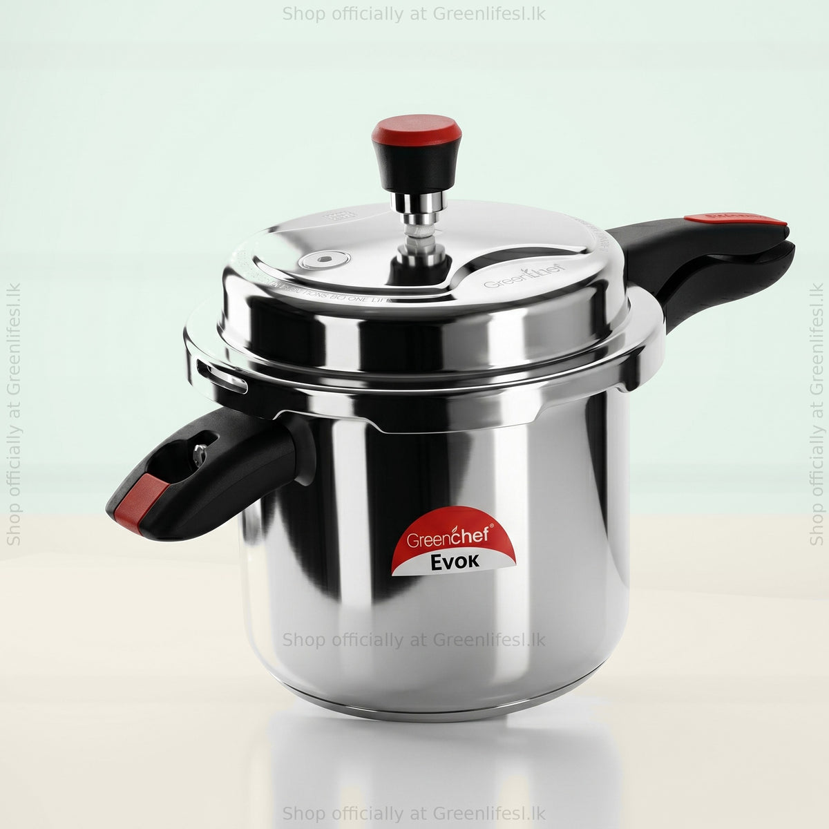 GreenChef Evok 7.5L aluminium pressure cooker with red-topped regulator and black and red handles