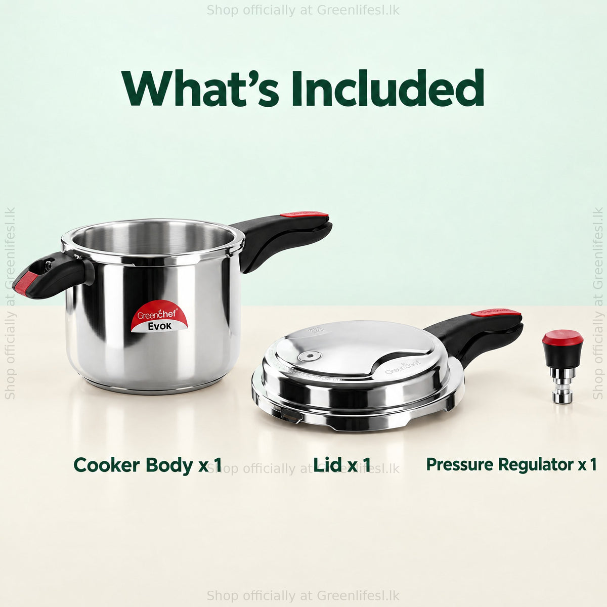 GreenChef Evok 7.5L aluminium pressure cooker, what's included: cooker body, lid and pressure regulator