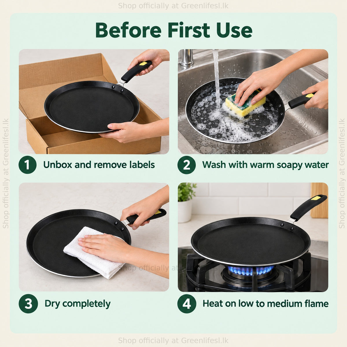 GreenChef Evok non-stick flat tawa before first use: unbox, wash in warm soapy water, dry, heat on low to medium flame