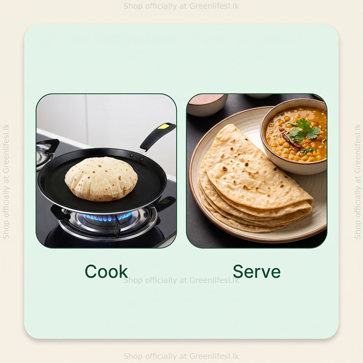 GreenChef Evok non-stick flat tawa cooking roti on gas, then chapatis served with dal