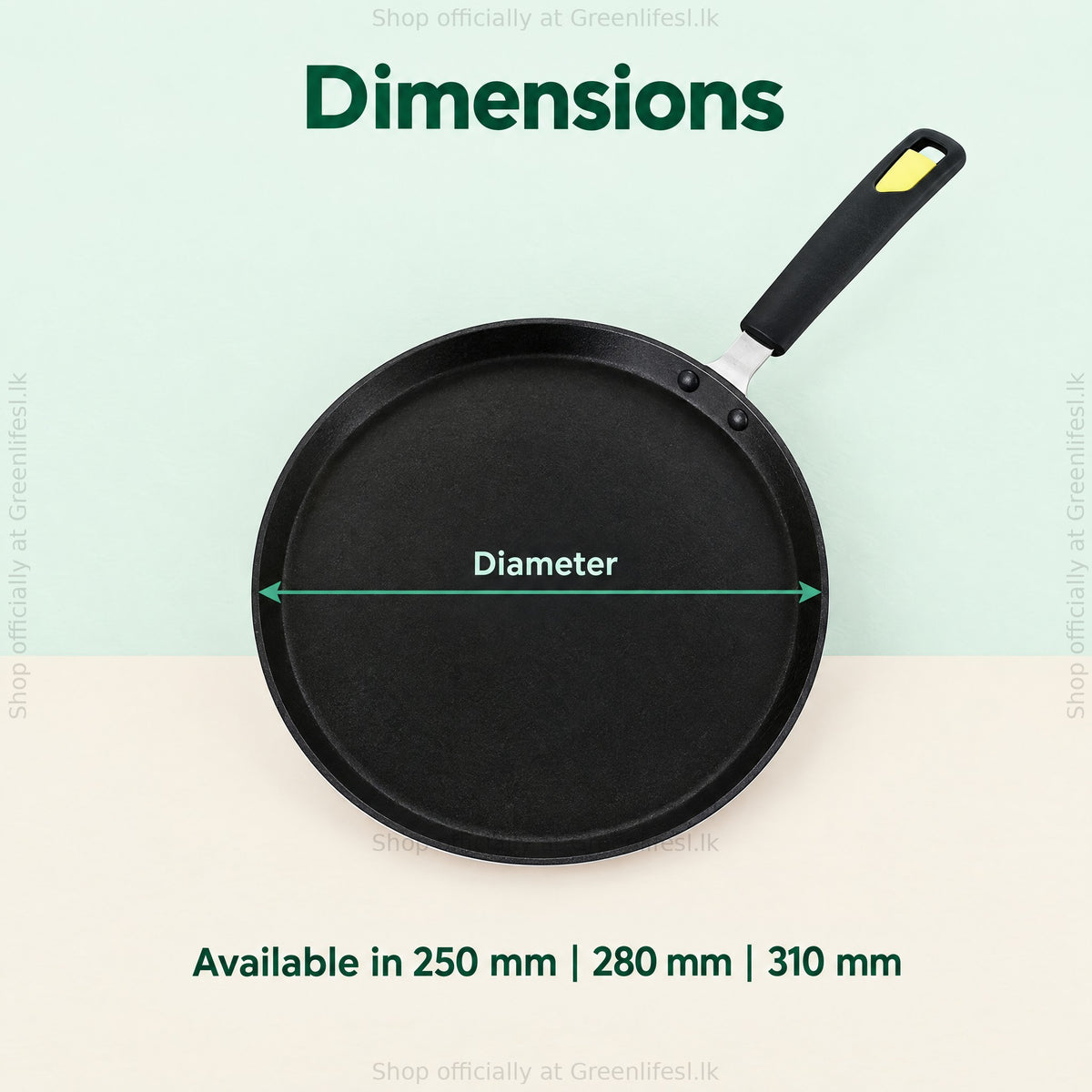 GreenChef Evok non-stick flat tawa dimensions card, diameter shown, available in 250, 280 and 310 mm