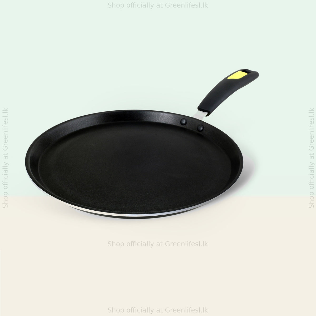 GreenChef Evok non-stick flat tawa with black handle and yellow-tipped grip