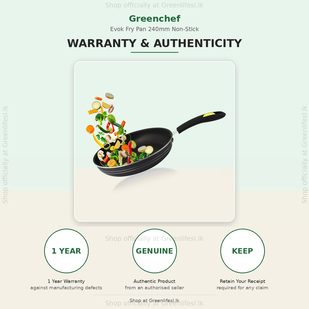 GreenChef Evok 240mm non-stick fry pan warranty card: 1 year warranty, genuine product, keep your receipt