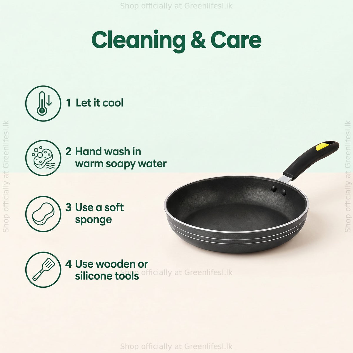 GreenChef Evok 240mm non-stick fry pan care: let it cool, hand wash, soft sponge, wooden or silicone tools
