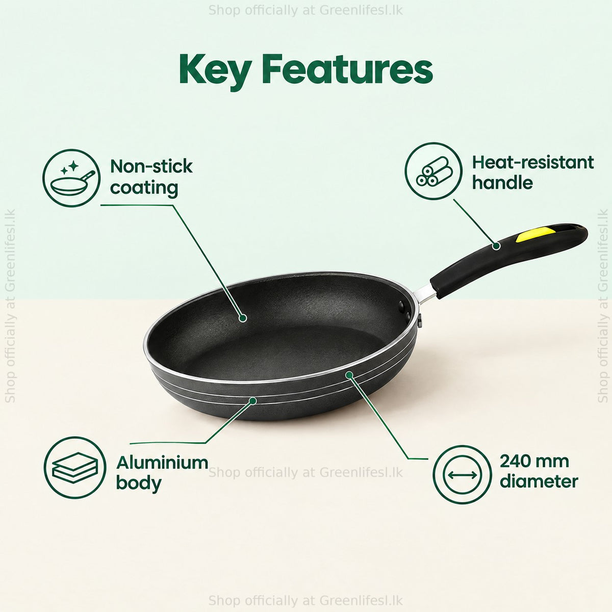 GreenChef Evok 240mm non-stick fry pan features: non-stick coating, heat-resistant handle, aluminium body