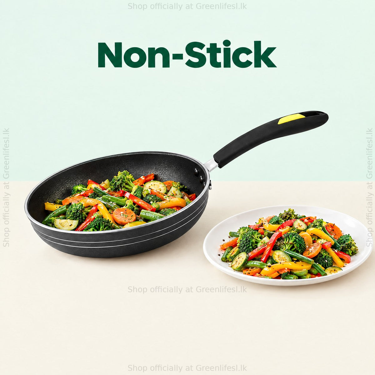 GreenChef Evok 240mm non-stick fry pan with stir-fried vegetables and a served plate