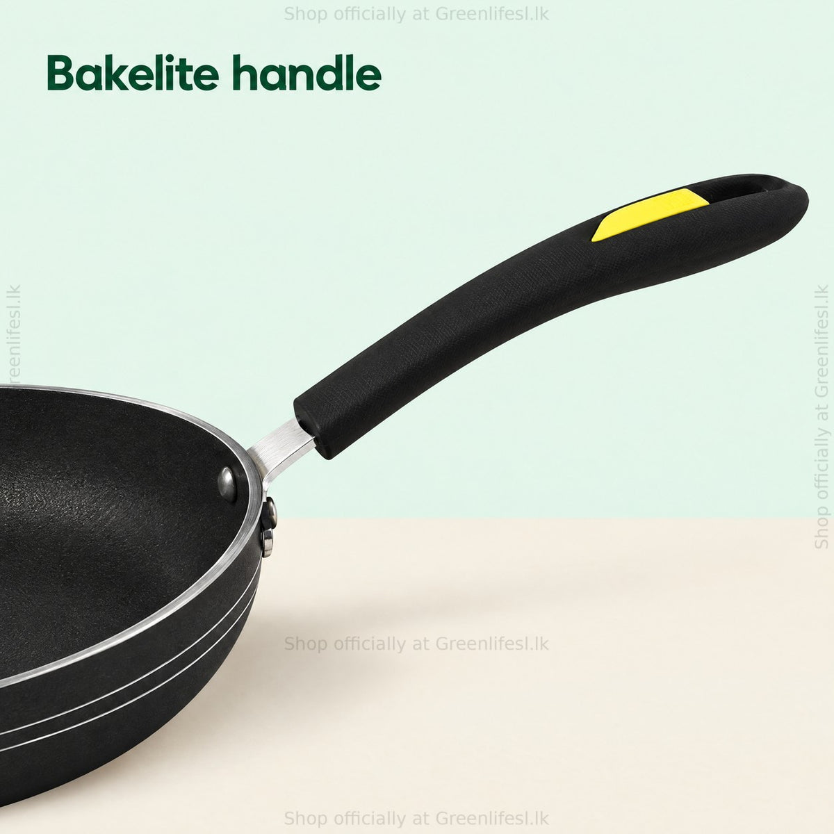 GreenChef Evok 280mm non-stick fry pan Bakelite handle close-up