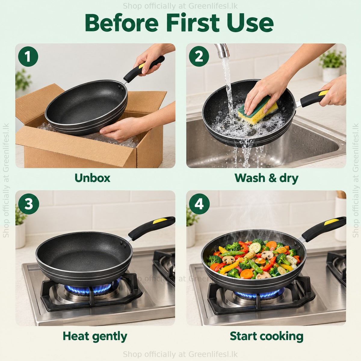 GreenChef Evok 280mm non-stick fry pan before first use: unbox, wash and dry, heat gently, start cooking